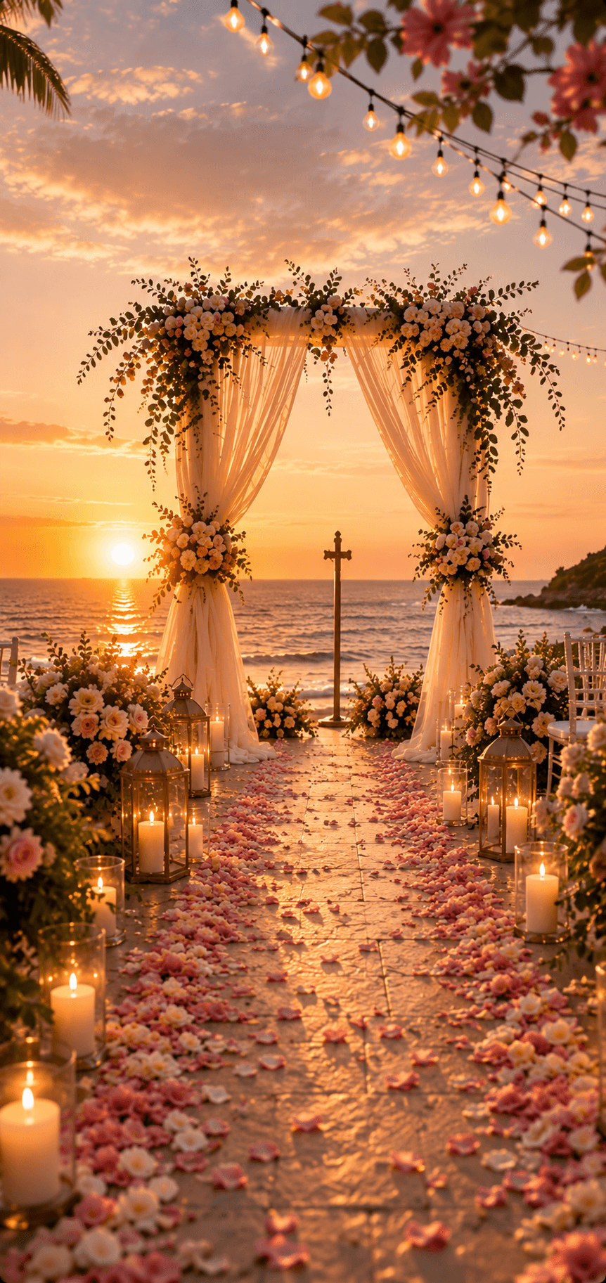Beachfront wedding ceremony at sunset — a floral arch facing the sea, with a candlelit aisle scattered in rose petals