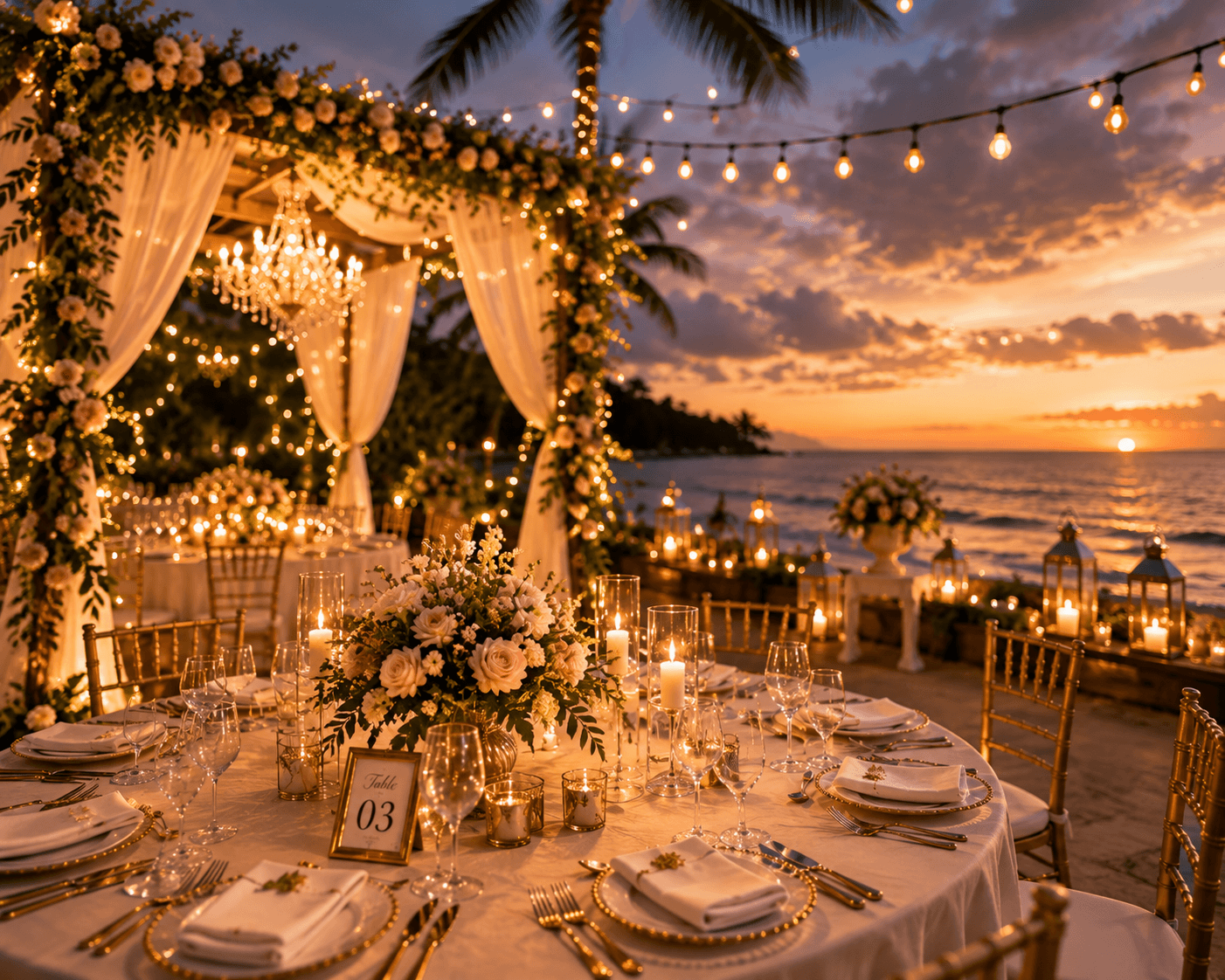 Beachfront reception at sunset — a floral canopy strung with festoon lights over candlelit tables set in gold